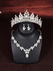 4件套青少年首饰套装，公主项链套装，皇冠项链套装，水晶级派对头饰，豪华皇冠项链礼盒，适合婚礼、节日、晚会等场合 - 銀色 - 查看 8