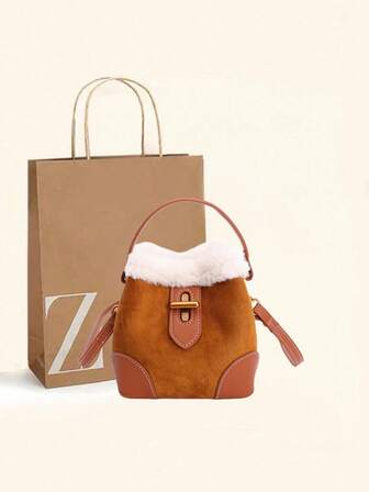 Autumn/Winter New Cute Sweet Fluffy Mini Bucket Bag, Fashionable Suede Fuzzy Fringe Crossbody Bag, Retro Color Block Furry Handbag, Suitable For Daily Outfit, Dating, Gift, Shopping, Phone Pouch