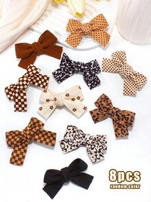 8个随机颜色美拉德印花蝴蝶结、格子、波点发夹，优雅别致的女孩发饰，适合日常佩戴和派对，秋冬季 - 彩色 - 查看 9