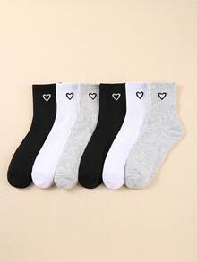 6双装女士纯色罗纹中筒袜 – 柔软舒适，时尚百搭，适合日常穿着，黑白灰爱心图案，适合徒步运动，可作礼物、圣诞礼物或圣诞袜填充物。