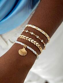 4pcs Beachy Casual Vacation Style Shell & Beaded Alloy Rope Bracelet Set For Women, Dating Gift - Braiding - View 2