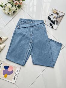 Quần jeans nữ kiểu dáng Y2K, chất liệu denim mài, thiết kế bất đối xứng, có túi bên hông, thích hợp cho mùa xuân. - Rửa nhẹ - Xem 5