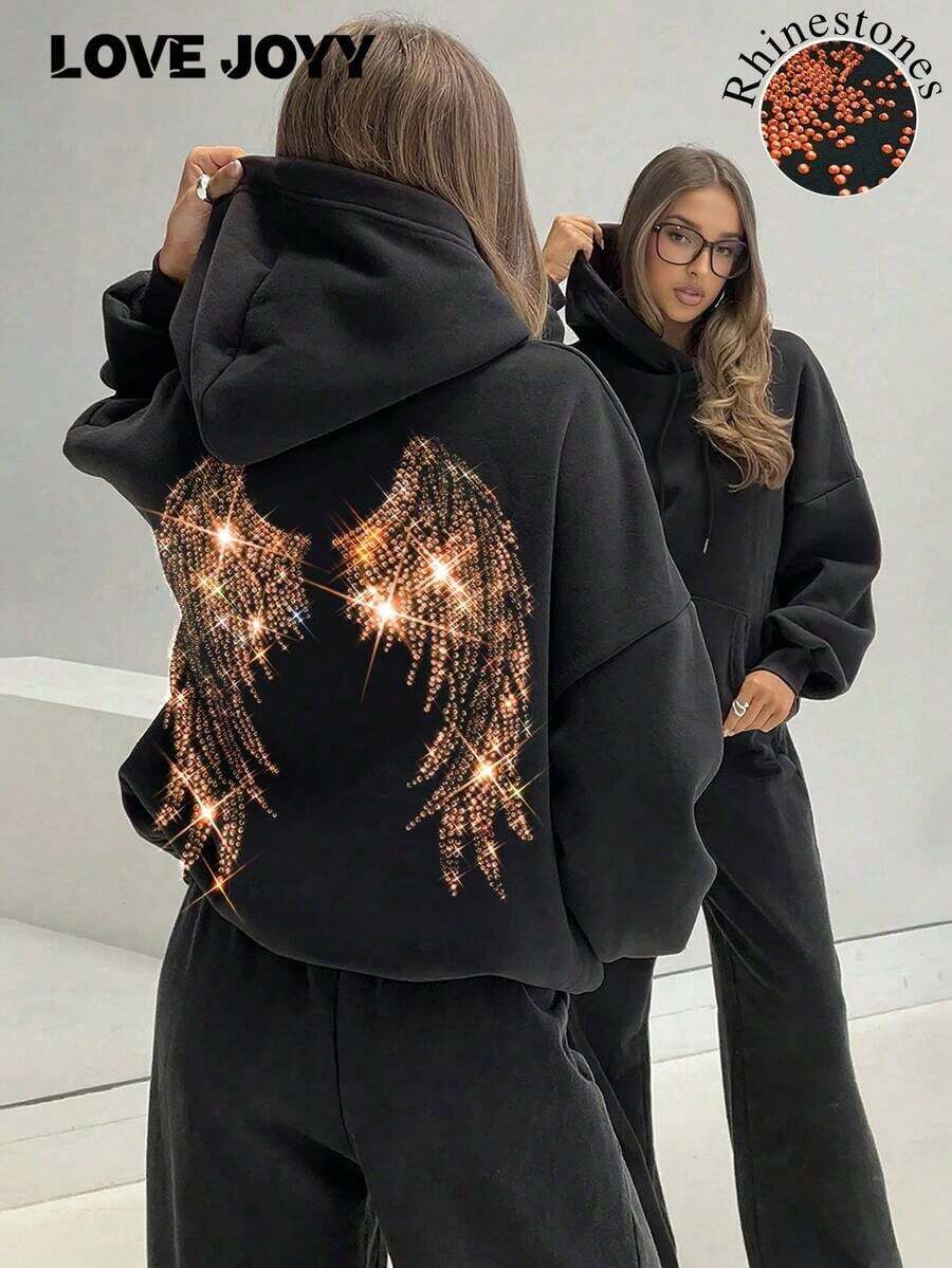 LOVE JOYY High Street Fashion Women Loose Long Sleeve Pullover Hoodie With Angel Wings Rhinestone Decor, Pocket, Blingbling Streetwear, Autumn/WinterY2Y-W- Gras - 黑色 7 - 查看 1