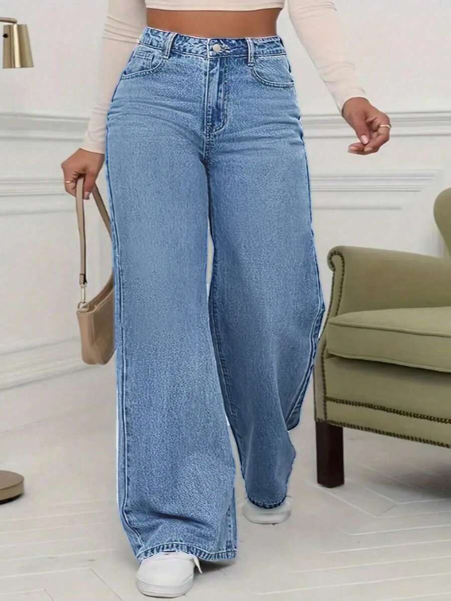 Pantalones vaqueros de cintura media, sin elástico, de corte recto y holgados, adecuados para el uso diario y el uso en casa - Azul lavado medio - Ver 1