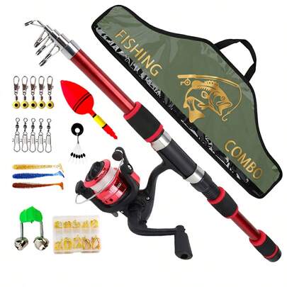 钓鱼竿渔线轮套装，可折叠钓鱼竿、纺车轮、鱼饵配件，带钓鱼包，便携式钓鱼竿套装，适用于淡水和海水垂钓，旅行钓鱼爱好者礼物