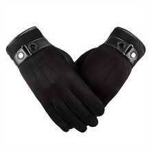 1 Pair Winter Thickened Fleece Men's PU Material Gloves, Men's Fleece Lined Warm Gloves, Outdoor Gloves, Full Finger Gloves, Men's PU Gloves, Available In Black, Brown, Gray, Blue, Holiday,, Thanksgiving - 黑色 - 查看 10