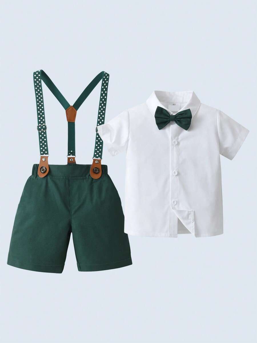 2pcs Young Boys Gentleman Outfit - Short Sleeve Collared Shirt With Bow Tie And Suspender Shorts, Fashionable & Stylish For Birthday Party, Wedding, Daily Wear
