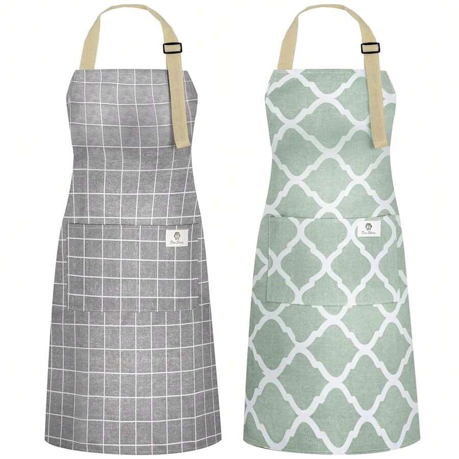 NLUS 2 Pack Kitchen CooFKing Aprons, Adjustable Bib Waterproof Chef Apron With 2 Pockets For Men Women(Green Plaid/Grey Plaid),Gray/Green - 灰綠色 - 查看 1