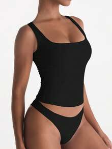 XLLAIS Camiseta sin mangas de cuello cuadrado de unicolor para mujer, ajuste delgado para uso casual, color negro, primavera/verano - Negro - Ver 5