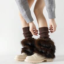 Women's Winter Knit Leg Warmers Solid Color Ribbed Furry Patchwork Casual Scrunch Leg Socks Boot Socks - Brown - View 3