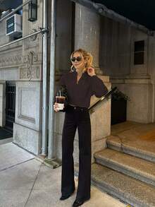 Senya 秋冬新款女士拉链休闲黑色针织开衫，圆领罗纹扭结长袖针织，宽松版型，适合日常、通勤、办公、毕业季、返校季等场合，也可作为情人节、新年等节日的女士冬季毛衣。 - 咖啡棕 - 查看 2