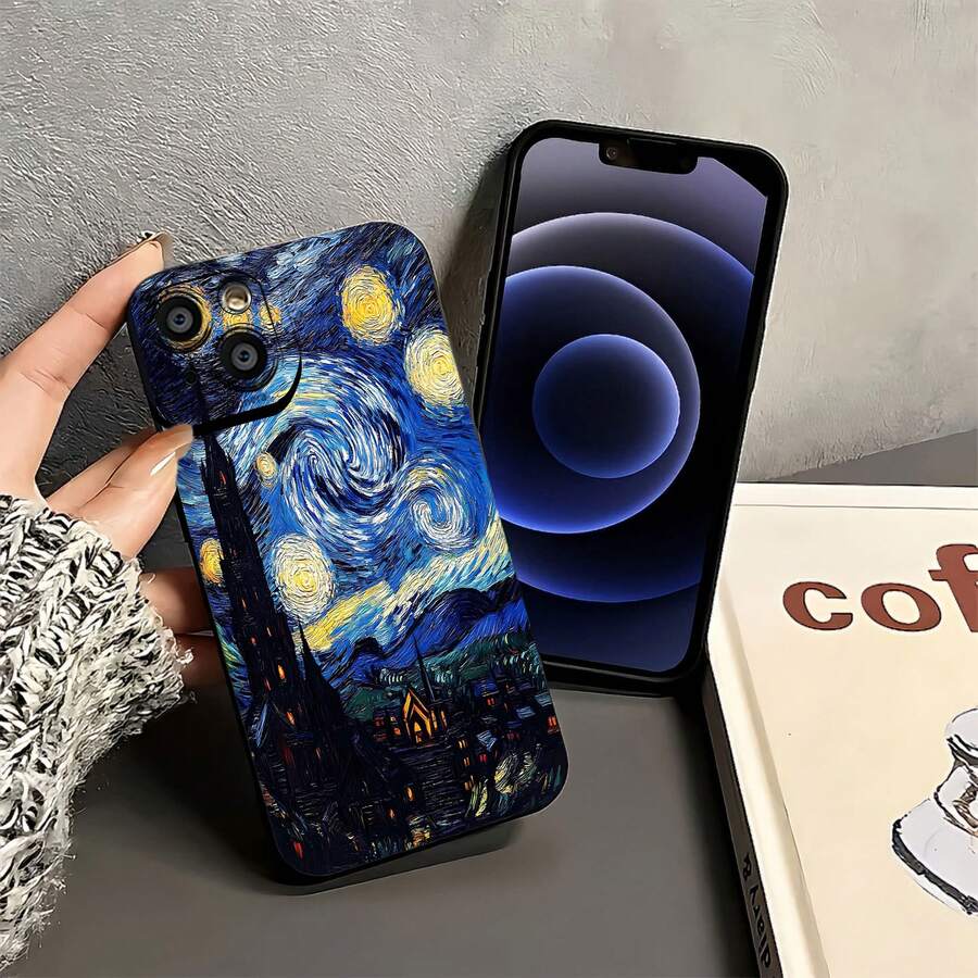 Funda para teléfono inspirada en el arte de La noche estrellada, compatible con teléfonos ,  17,  16 Pro Max,  15 Pro Max,  13 y  12. Fabricada en TPU, ofrece protección contra golpes y caídas. Ideal para amantes del arte, regalos únicos, cumpleaños, ocasiones especiales y decoración del hogar. - Negro - Ver 1