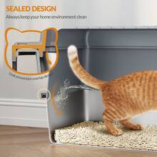 HEXCELEN Stainless Steel Cat Litter Box With Lid, XL Closed Metal Cat Litter Box, Cat Litter Box With Scoop And Step, Removable, 120° Hinged Lid, Easy To Clean, Dark Grey - 60 L x 40 B x 38,5 H cm - 查看 4