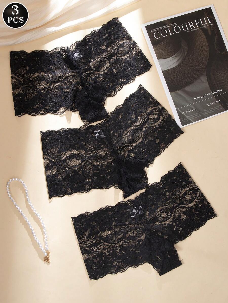 3pcs/Pack Black Lace Trim Ladies Panties, Sexy & Comfortable Briefs - Multicolor - View 1