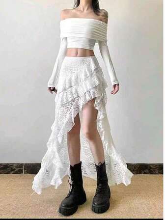 1pc AsymmetricalLace PatchworkAsymmetric Ruffle Hem High Waist Skirt.Black And White Fall Clothes For Womer