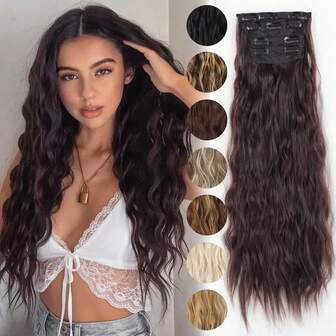 Juego de 4 extensiones de cabello sintético con clip, de 22 a 30 pulgadas de largo, onduladas y gruesas, para mujeres, con efecto ombre