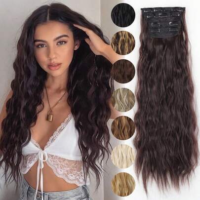 4件套合成纤维夹式接发片，长度22-30英寸，波浪卷曲，浓密，适合女性，全头渐变色接发片