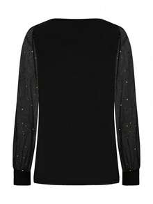 Áo nữ cỡ lớn cổ tròn tay phồng, chất liệu vải dệt kim dài tay, phối màu tương phản, lưới đính sequin và chi tiết xuyên thấu, phối lưới màu trơn, kiểu dáng thường ngày, thích hợp cho ngày Valentine, màu đen mùa xuân. - màu đen - Xem 3