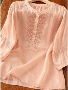 JIANHU Beige Linen Embroidered Blouse - Summer Boho Floral Top | 3/4 Sleeve Shirt With Hand-Stitched Collar & Cuff Details For 4th Of July/Graduation/Beach | Breathable Relaxed Fit Casual & Dressy Women's Top Pink - Pink - View 2
