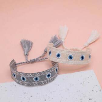 1pc Creative Evil Eye Embroidery Handmade Woven Fashion Blessing Festival Travel Gift Bracelet, Bohemian Style Friendship Bracelet