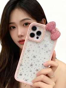 奢华闪亮水晶蝴蝶结环氧树脂亮片透明手机壳，兼容 17/16 Pro Max/15/14/13，防震保护框硬质亚克力保护套 - 粉色 - 查看 4