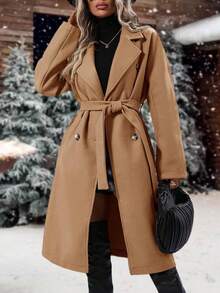 Women Elegant Pea Coat Lapel Collar Double Breasted Mid-Long Classic Jackets, Winter Overcoats With Belted Pockets - 駝色 - 查看 3