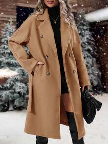Women Elegant Pea Coat Lapel Collar Double Breasted Mid-Long Classic Jackets, Winter Overcoats With Belted Pockets - 駝色 - 查看 1