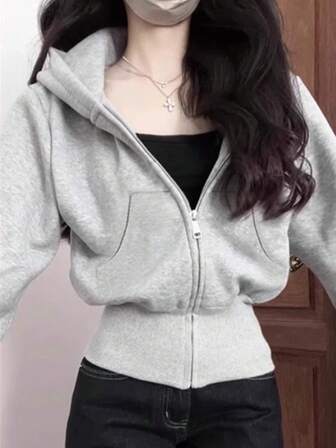 Short Hoodie Jacket For Women, New Autumn/Winter Korean Style Slim Fit Cinched Waist Long Sleeve Top, Fashionable