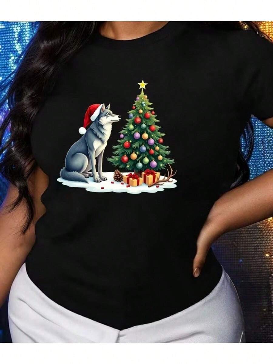 Camiseta informal de mujer con estampado de árbol de Navidad y lobo. Cómoda camiseta de manga corta y cuello redondo, ideal para primavera y verano, fiestas navideñas y conjuntos de invierno; perfecta para cualquier ocasión. Color liso, estilo informal, ideal para fiestas navideñas, el Día de San Patricio, reuniones familiares y para el día a día. - Negro - Ver 1