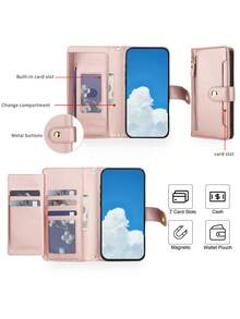 Crossbody PU Faux Leather Wallet Case Suitable For Galaxy A57 A37 A17 A07 A56 A36 A26 A16 A06 A55 A35 A25 A15 A05 A05S A54 A24 A14 A04 A04S A73 A53 A33 A13 A72 A52 S26 S25 Edge S24 S23 S22 S21 FE Plus Ultra, Kickstand Zipper RFID Blocking Mobile Phone Bag With Wrist Strap Cover - Rose Gold - View 9