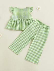Toddler Baby Girls Spring Summer 2PCS Pants Sets Flying Sleeve Button Up A-Line Plaid Tops Pants Outfits Cute Simple Leisure Daily Clothes Ideal For 12Months-5Years - 綠色 - 查看 6