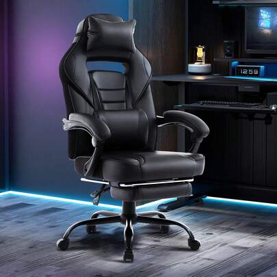 Negro Silla de Gaming Ergonómica con Soporte Lumbar de Masaje Reposapiés Ajustable Respaldo Giratorio para Oficina en Casa