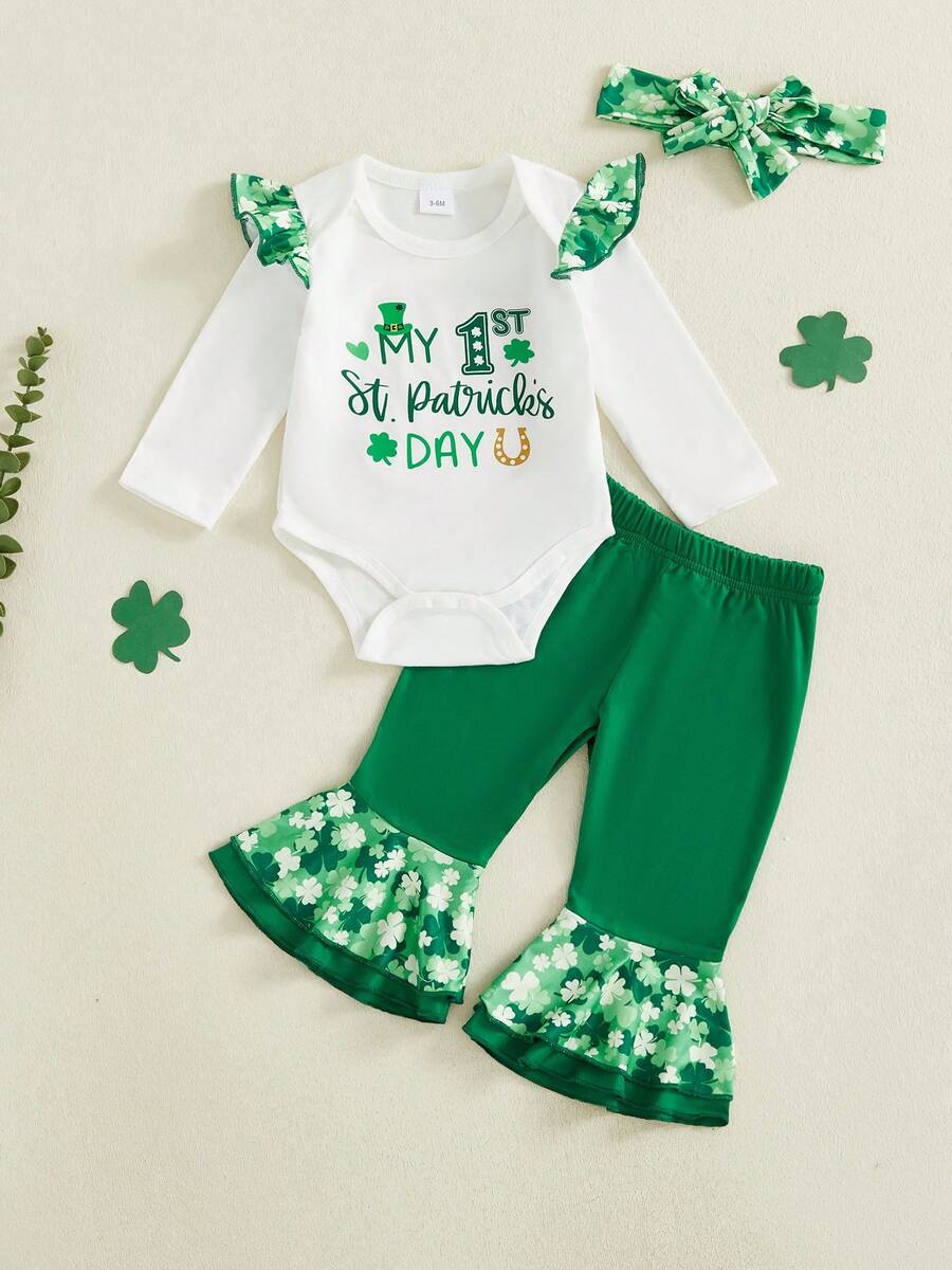 Conjunto de primavera para niñas: mono de manga larga con volantes, pantalones acampanados y diadema para recién nacidas. - Blanco - Ver 1