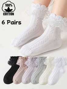 6 đôi tất ren cotton cho bé gái, tất khiêu vũ màu trơn, tất công chúa thường ngày cho trẻ em và thanh thiếu niên - Nhiều màu - Xem 6