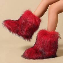 Women's Faux Fur Boots Furry Mid Calf Fur Boots Comfortable Outdoor Flat Shoes Winter Warm Plush Surface Snow Boots - 紅色 - 查看 10