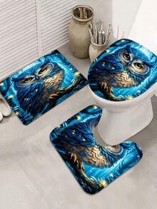 1件/3件/4件装蓝色卡通猫头鹰浴帘套装，仅限手洗，时尚主题，针织涤纶面料，可水洗浴室装饰带挂钩 - 彩色 - 查看 8