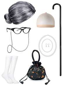 开学第100天老妇人角色扮演服装套装，包括假发、项链、袜子、包和拐杖，趣味道具，嘉年华生日装扮 - 粉色 - 查看 4