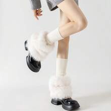 Women's Winter Knit Leg Warmers Solid Color Ribbed Furry Patchwork Casual Scrunch Leg Socks Boot Socks - 白色 - 查看 2