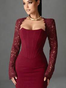 情人节女士时尚迷你紧身连衣裙露背秋冬长袖蕾丝连衣裙红色优雅婚礼晚宴鸡尾酒会礼服性感服装 - 紅色 - 查看 4