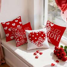 4pcs Valentine's Day Red & White Heart Pattern Pillow Cover, Single-Sided Printed Cushion Cover, Suitable For Living Room, Bedroom, Home Decor, All Season