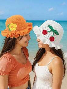 1pc Solid Color Hand-Knitted Crochet Cap, Bohemian Style Pleated Floppy Hat With Ruched Brim, Casual Cute Retro Street Fashion Polyester Knit Bucket Hat - Nhiều màu - Xem 3