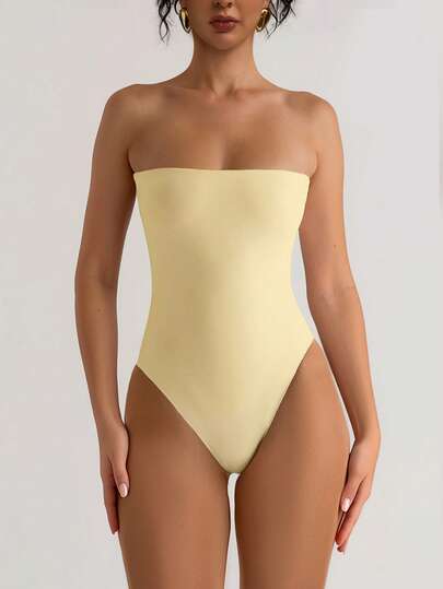 XLLAIS Summer White High Elasticity Double-Layer Fabric Bandeau Bodysuit, Casual Daily Minimalist Resort Style For Women