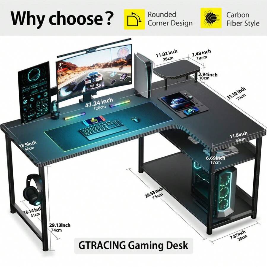 Gaming Desk L Shaped, Carbon Fiber Style Computer Desk, Compatible With Monitor Arm Storage Shelves For Home Office Desks Easy To Assemble Furniture ModernHalloween Christmas New Year 2026 - 基本款-黑色-47.24英寸 - 查看 1