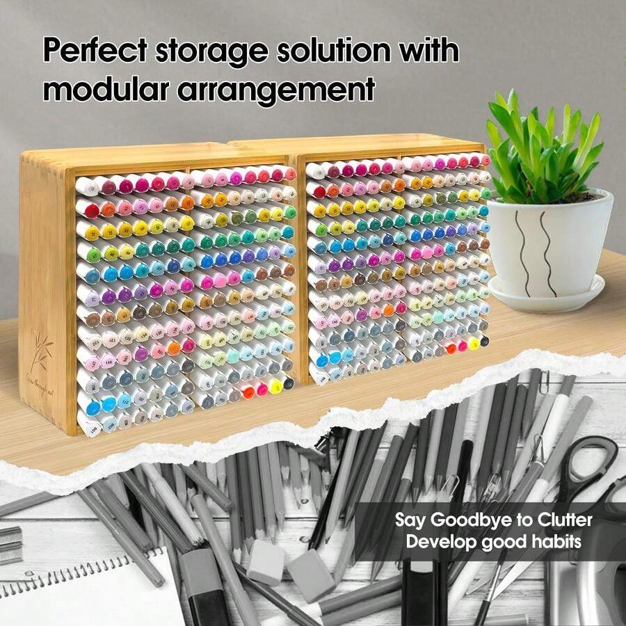 Marker Organizer For 168 Markers,Bamboo Wooden Desk Storage Organizer Rack,Markers Pens Pencils Art Brushes Stora... - 可容納 168 個榫卯標記 - 查看 1
