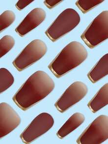 24pcs Long Coffin Shaped Fake Nails, Gold Edged French Ombre Brown Gradient Press-On Nails, Includes 1pc Jelly Gel And 1pc Nail File, Suitable For Women And Girls For Prom, Party, Gathering - Coffee Brown - View 3