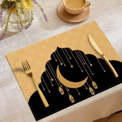 1件斋月节日月亮灯图案餐垫 - 长方形亚麻餐垫，餐厅装饰，隔热