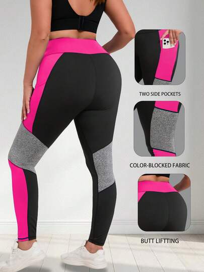 Plus Size Women High Waist Lifting Yoga Pants, Tight Fit Casual Sports Leggings With Side Pockets And Color Block Design