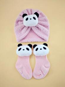 2件套婴儿冬季卡通发带帽+袜子套装，0-6个月，柔软绒面帽袜组合，保暖婴儿头饰套装 - 彩色 - 查看 23