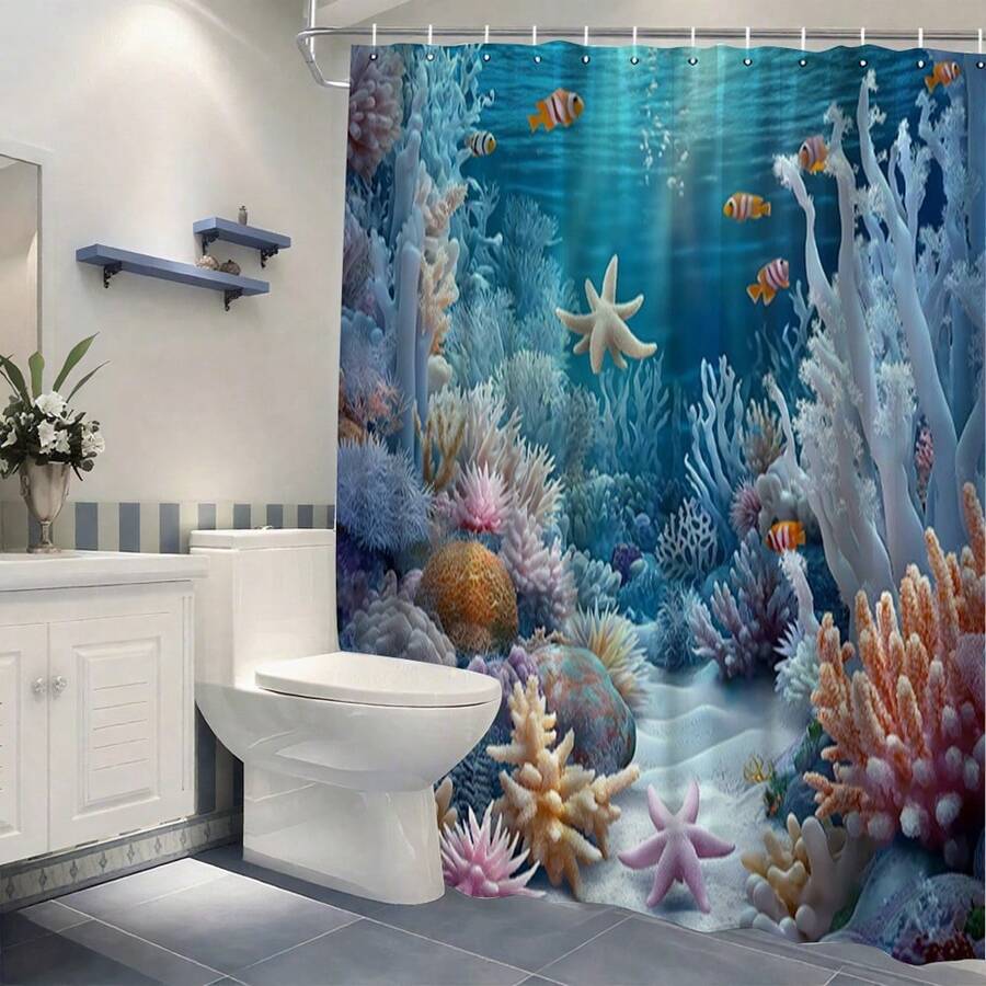 1件套珊瑚礁和海星图案浴帘,采用蓝色海洋风格设计,是完美的浴室装饰配件和房间装饰,非常适合酒店和家居装饰。 - 彩色 - 查看 1