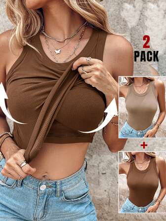 ChicMe 2 Packs Built-In Bra Ribbed O-Neck Knit Sleeveless Vest Basic Slim Fit Tummy Control Tank Casual Top